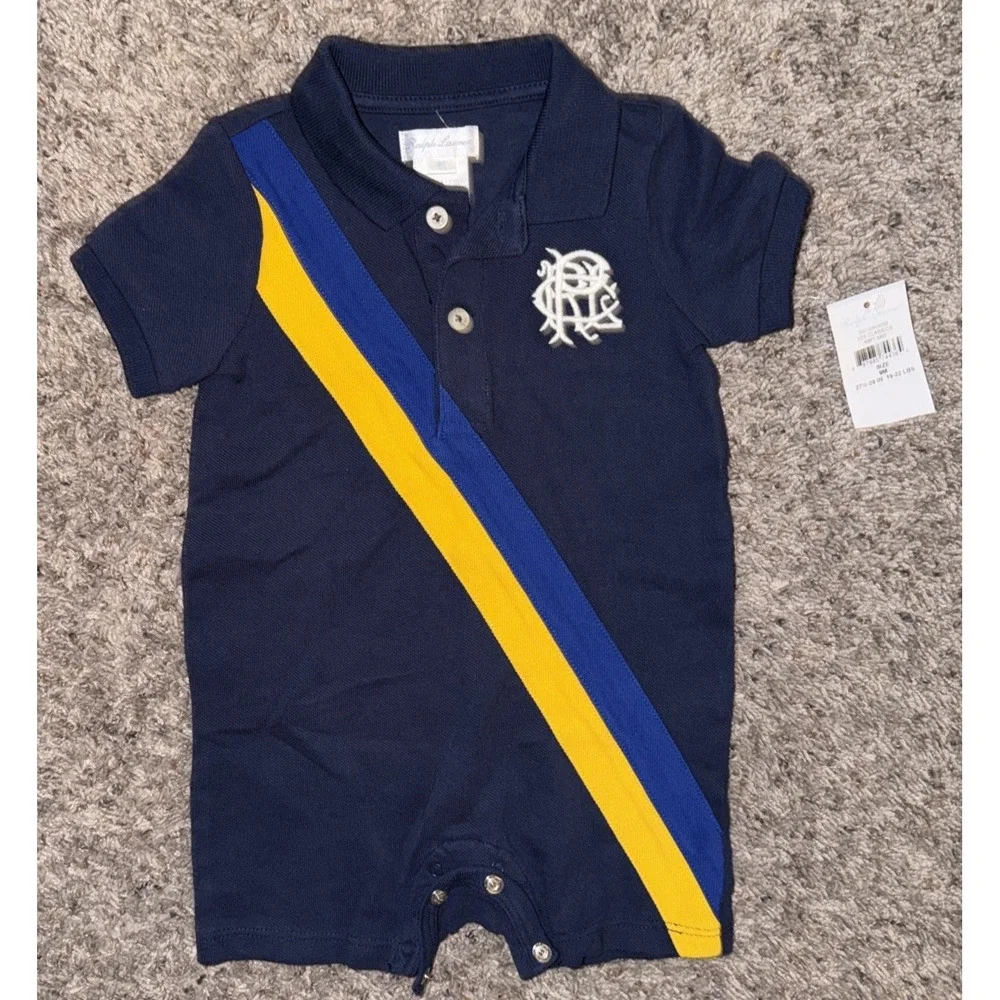 Ralph Lauren 9 Month‎ Romper Navy Blue Yellow Royal Diagonal Stripe